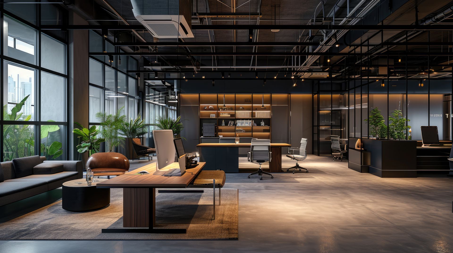 View of a modern office interior, with multiple workspaces, after a commercial fitout. View of a modern office interior, with multiple workspaces, after a commercial fitout.