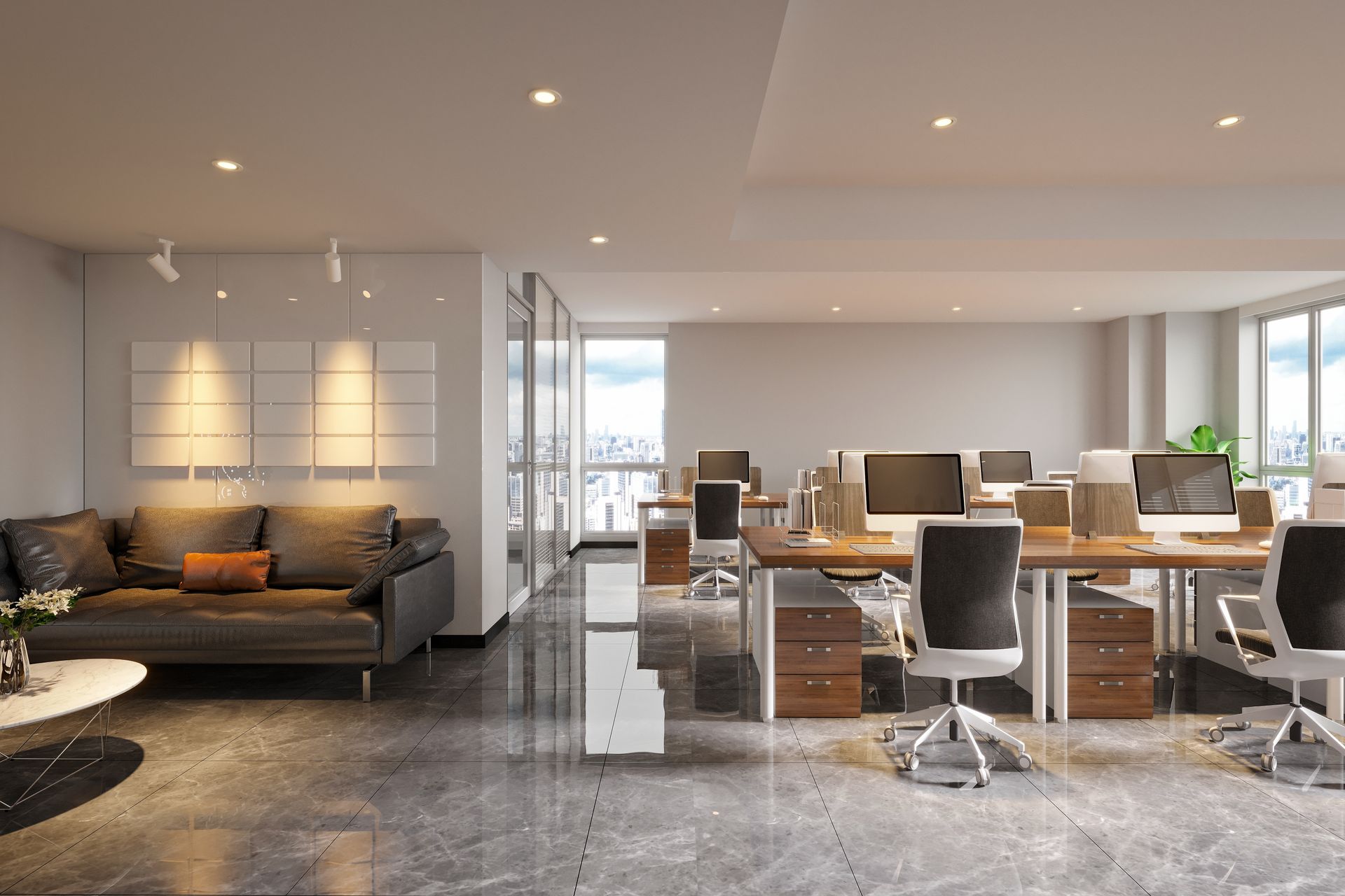 Modern office featuring large windows and a marble floor, creating a bright and elegant workspace. Modern office featuring large windows and a marble floor, creating a bright and elegant workspace.