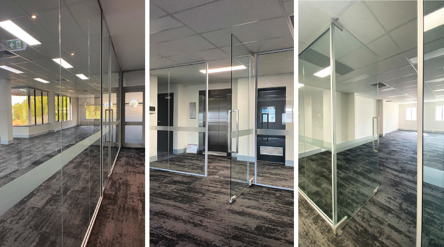 Three interior office views with glass walls, carpet, and ceiling lights, creating open, modern spaces.