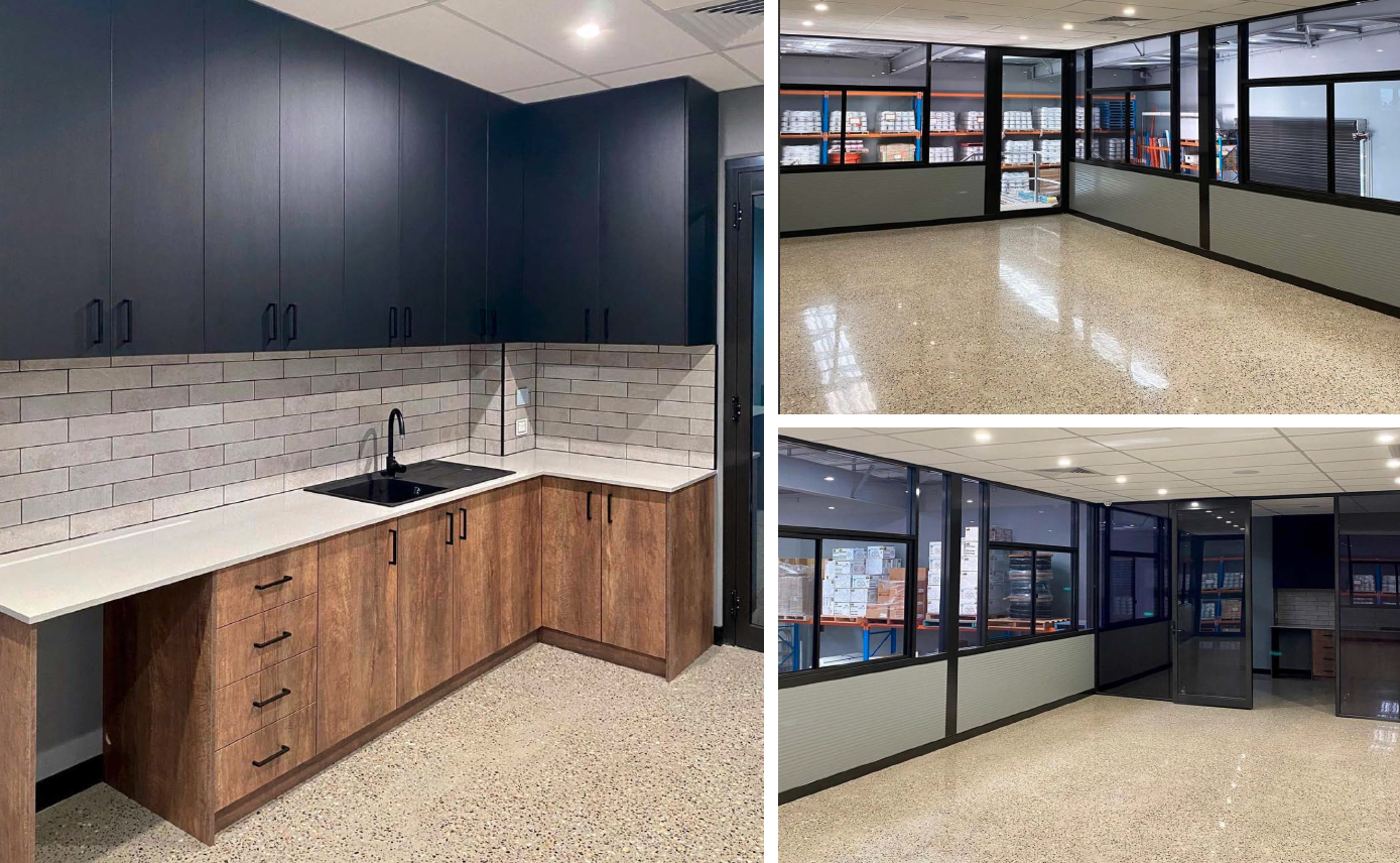 A composite view of a renovated office space showing a modern kitchenette with wood cabinets and empty glass-walled rooms.