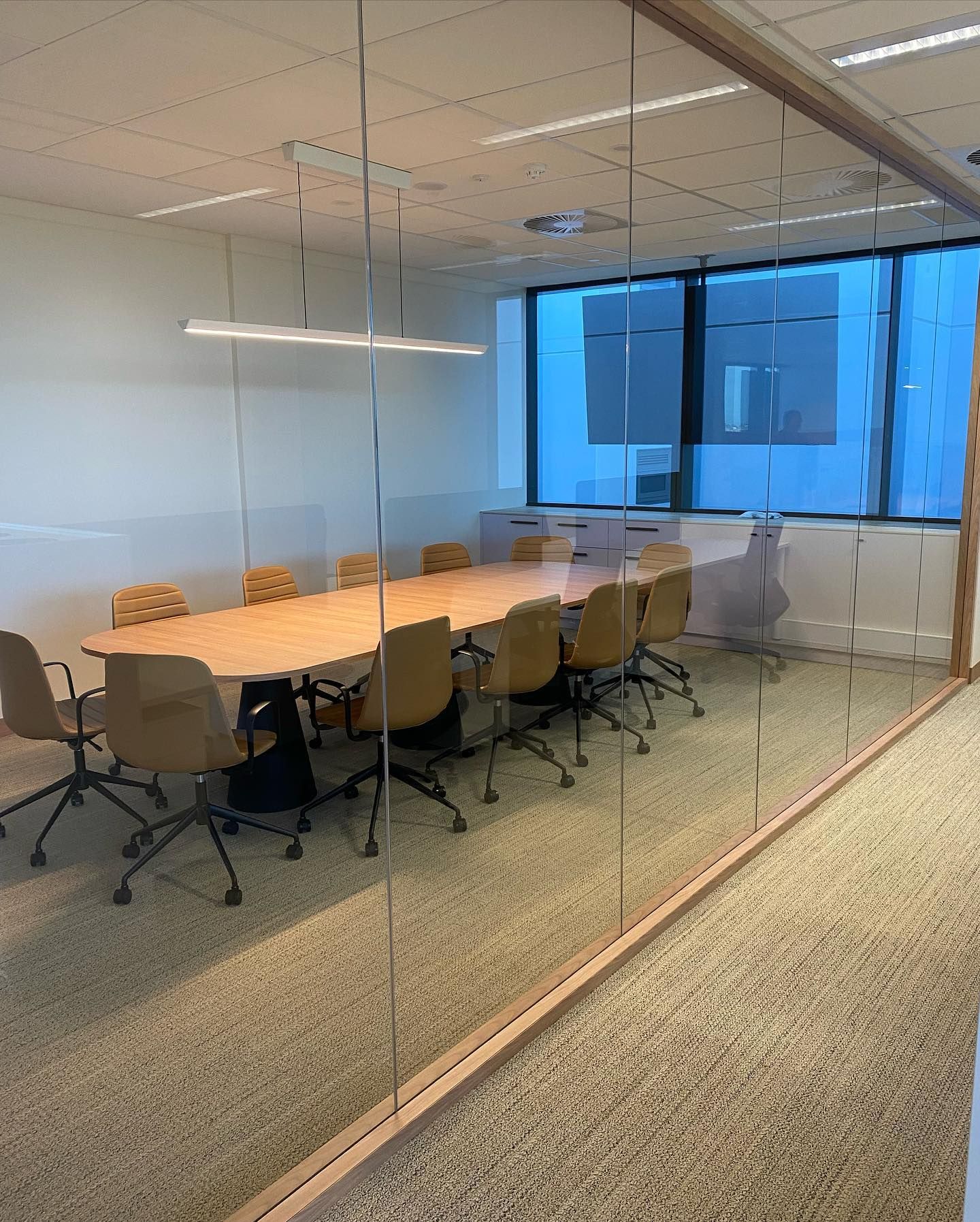Conference room with long wooden table, chairs, and glass walls. Beige carpet and large window.