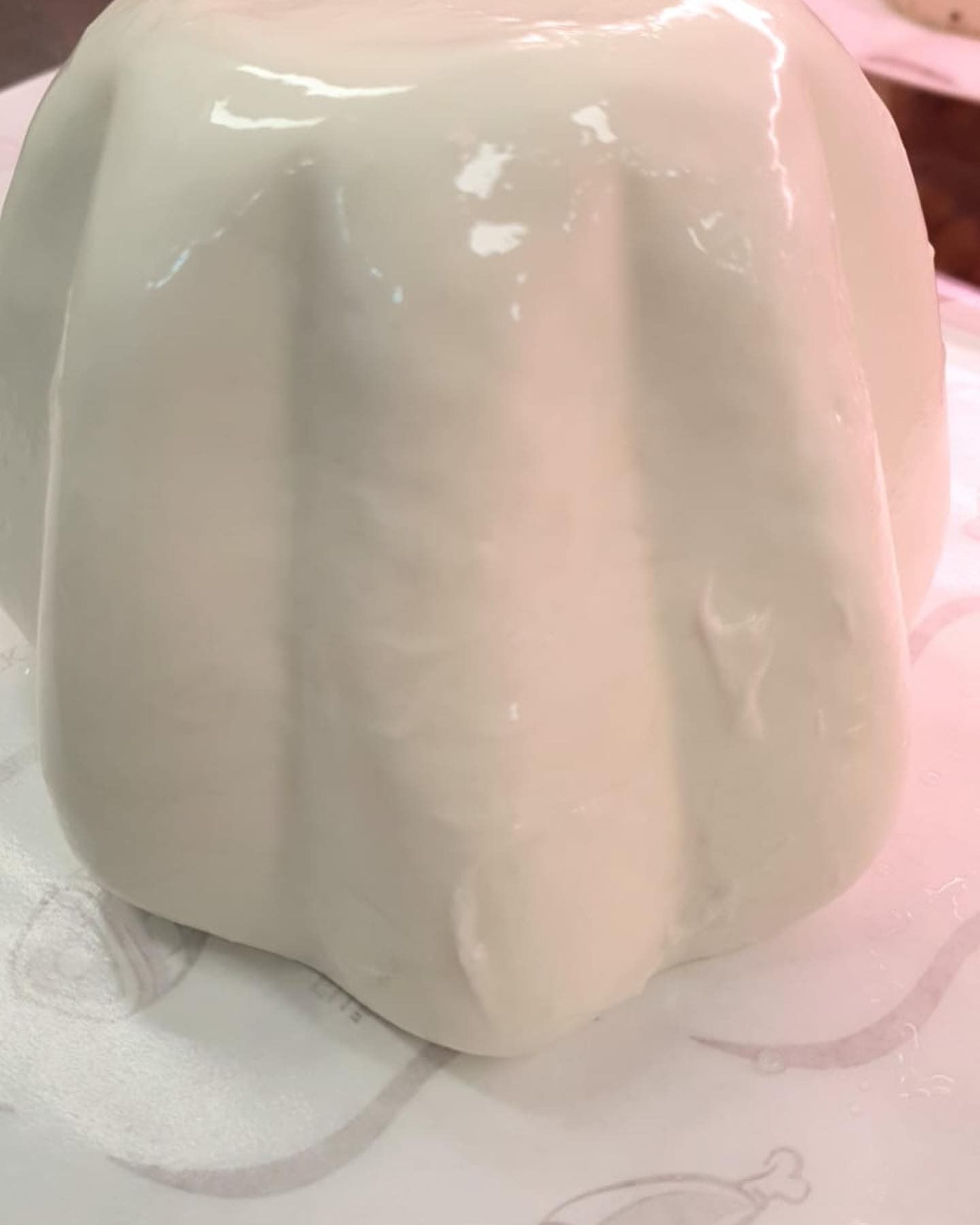 Formaggio bianco ammuffito su una superficie bianca e decorata, probabilmente esposto in un negozio.