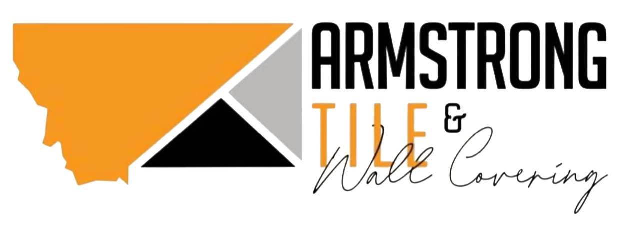 Logo for Armstrong Tile & Wall Covering, featuring a gold state of Montana shape.