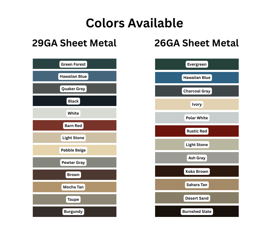 Color chart comparing available 29GA and 26GA sheet metal colors.