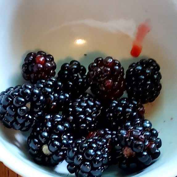 A bowl of blackberries with a red spot on the bottom