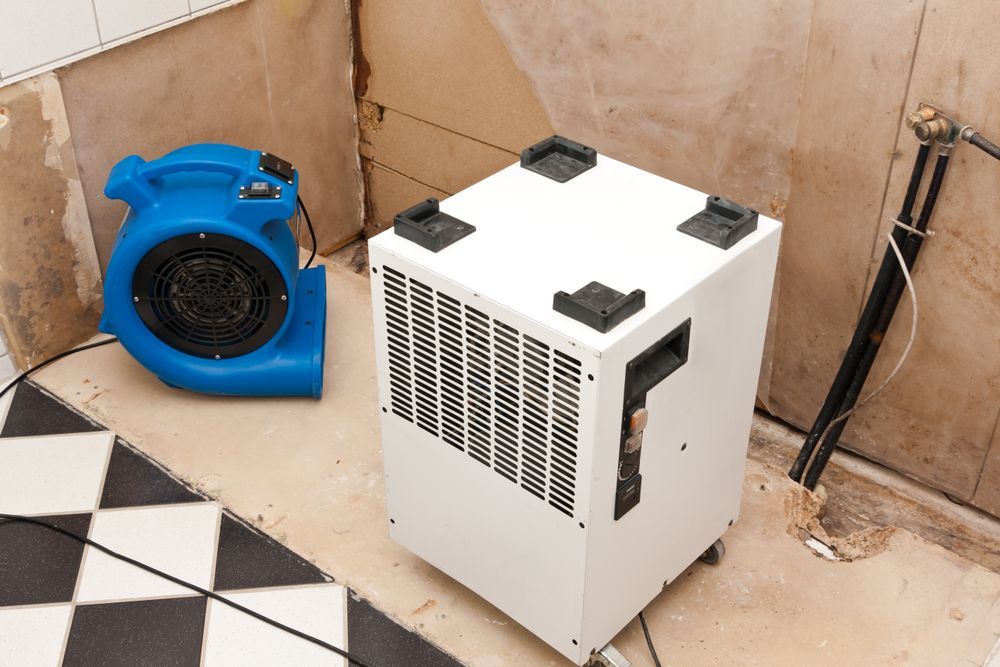 A Blue Fan is Sitting Next to a White Box on a Checkered Floor — Dynamic Services in Blackwater, QLD