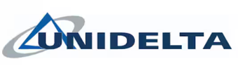 Logo Unidelta: triangolo blu con swoosh grigio e testo blu navy.