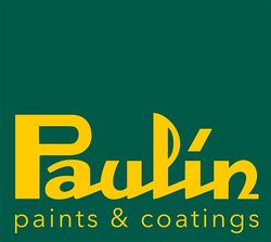 Logo di Paulín Paints & Coatings: testo giallo su sfondo verde.