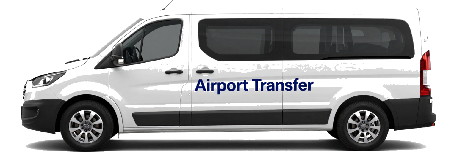 Furgoneta blanca de traslado al aeropuerto con texto azul “Airport Transfer”, vista lateral.
