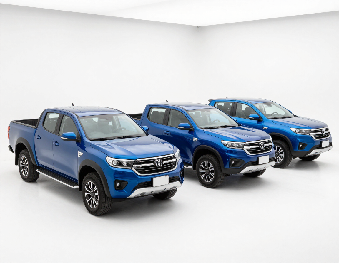Tres camionetas azules exhibidas en un estudio blanco.