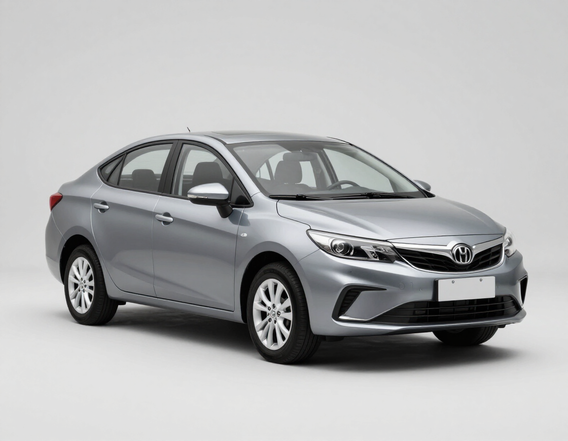Sedán Toyota plateado en un estudio, vista frontal izquierda sobre un fondo blanco.