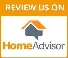 HomeAdvisor review prompt with orange and gray logo on white background
