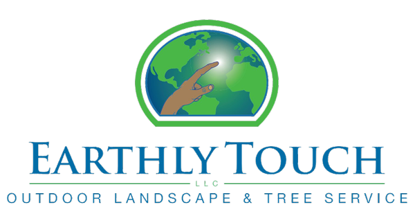 Earthly Touch outdoor landscape and tree service logo with green globe and hand on white background