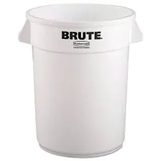 White BRUTE brand plastic trash can with side handles, isolated on white background