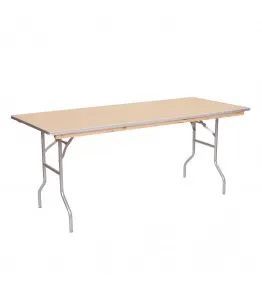 Rectangular folding table with light wood top and gray metal legs on a white background