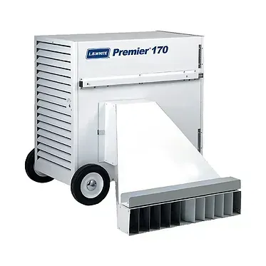 White industrial air mover fan labeled “Premier 170” on wheels, with angled duct and front vented outlet
