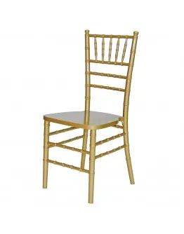 Gold wooden chair with a gray seat and slatted back on a white background