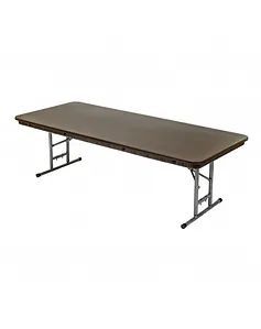 Rectangular folding table with brown top and metal legs on a white background
