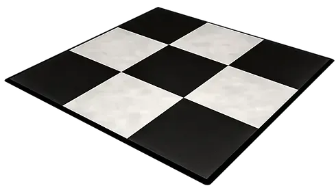 Black and white checkered floor tiles in a diagonal square pattern