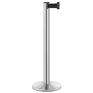 Metal stanchion with round base and black retractable belt barrier