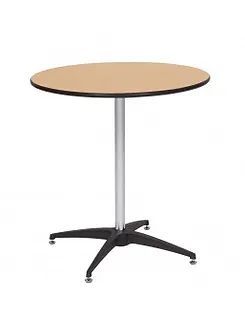 Round beige tabletop with gray pedestal and black four-star base on casters