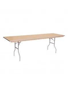 Folding banquet table with a light wood top and gray metal legs on a white background