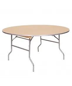 Round tan folding table with metal legs