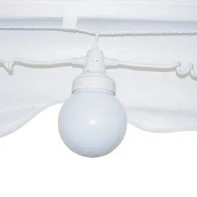 White light bulb hanging from a white ceiling fixture with curved arms