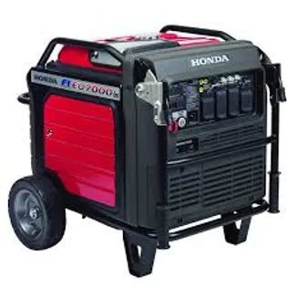 Red and black Honda portable generator on wheels with a handle and control panel.