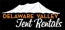 Delaware Valley Tent Rentals logo with white tent, orange and white text on black background