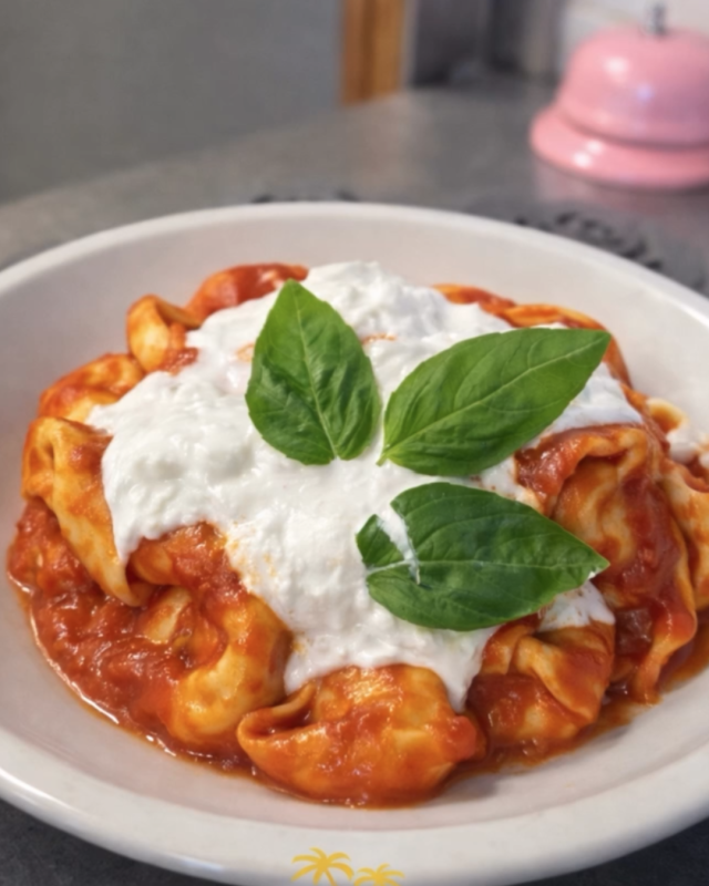 Una ciotola bianca ripiena di tortellini in salsa di pomodoro, guarnita con una cucchiaiata di formaggio bianco cremoso e foglie di basilico.
