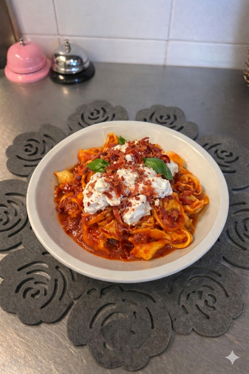 Una ciotola di pasta al sugo di pomodoro, guarnita con ricotta cremosa, pezzetti di pancetta e basilico fresco, adagiata su una tovaglietta a forma di fiore.