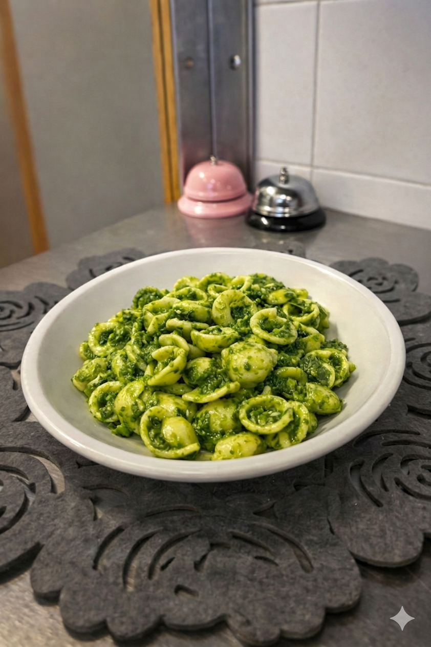 Una ciotola bianca piena di orecchiette condite con un pesto verde brillante, adagiata su una tovaglietta grigia a motivi geometrici.