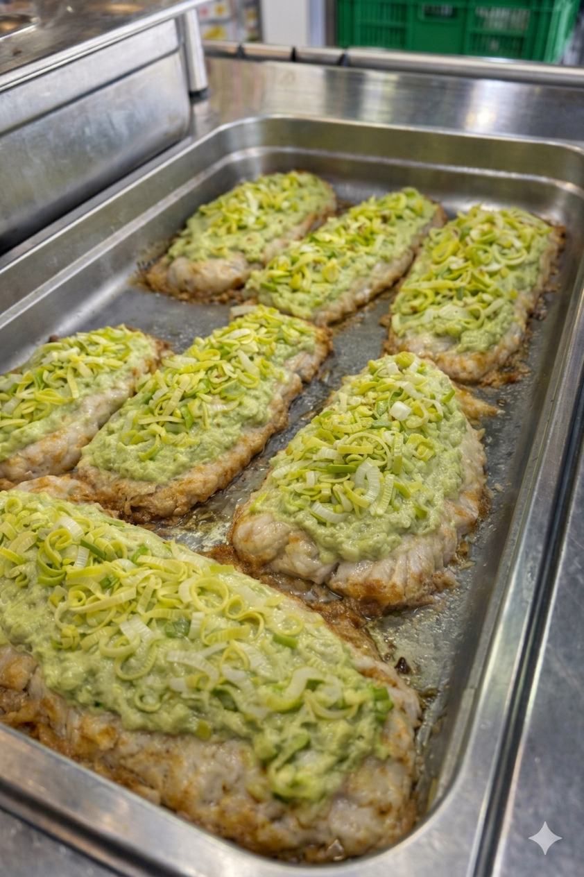 In una cucina professionale, un vassoio di metallo contiene sei filetti di pesce impanati, ricoperti da uno strato di porri affettati e saltati in padella.