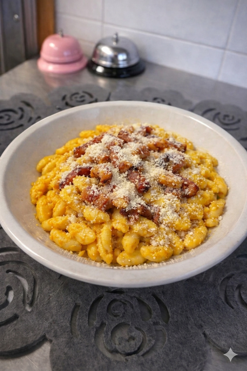 Una ciotola di gnocchi conditi con carne rosolata e formaggio grattugiato su una tovaglietta grigia a fantasia.