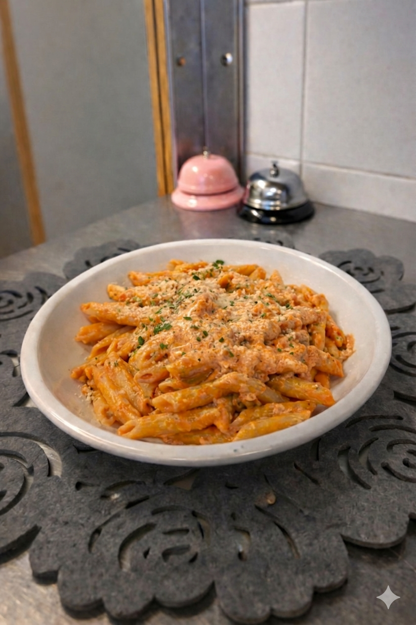 Una ciotola bianca di penne al sugo di pomodoro cremoso, guarnita con erbe aromatiche, poggia su una tovaglietta grigia a fiori, su un bancone di metallo.