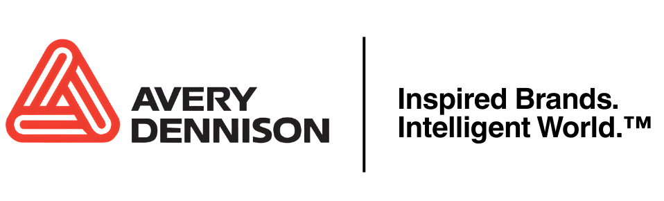 Avery Dennison logo with a red and white triangle icon and text: 
