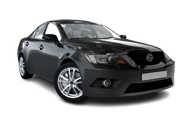 Black sedan car on a white background. The car is angled to the right.