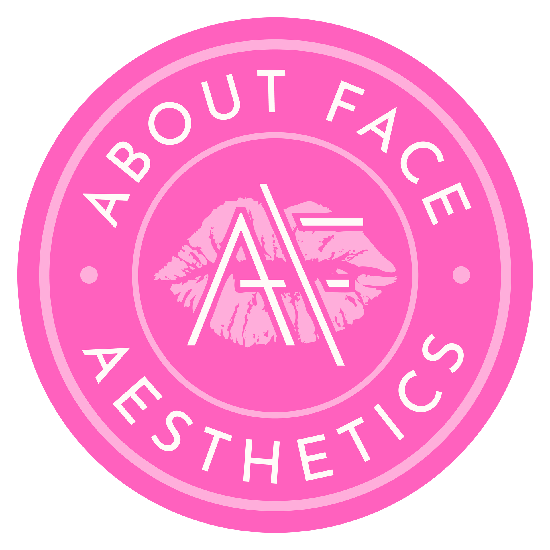 A pink circle with the words about face aesthetics inside of it