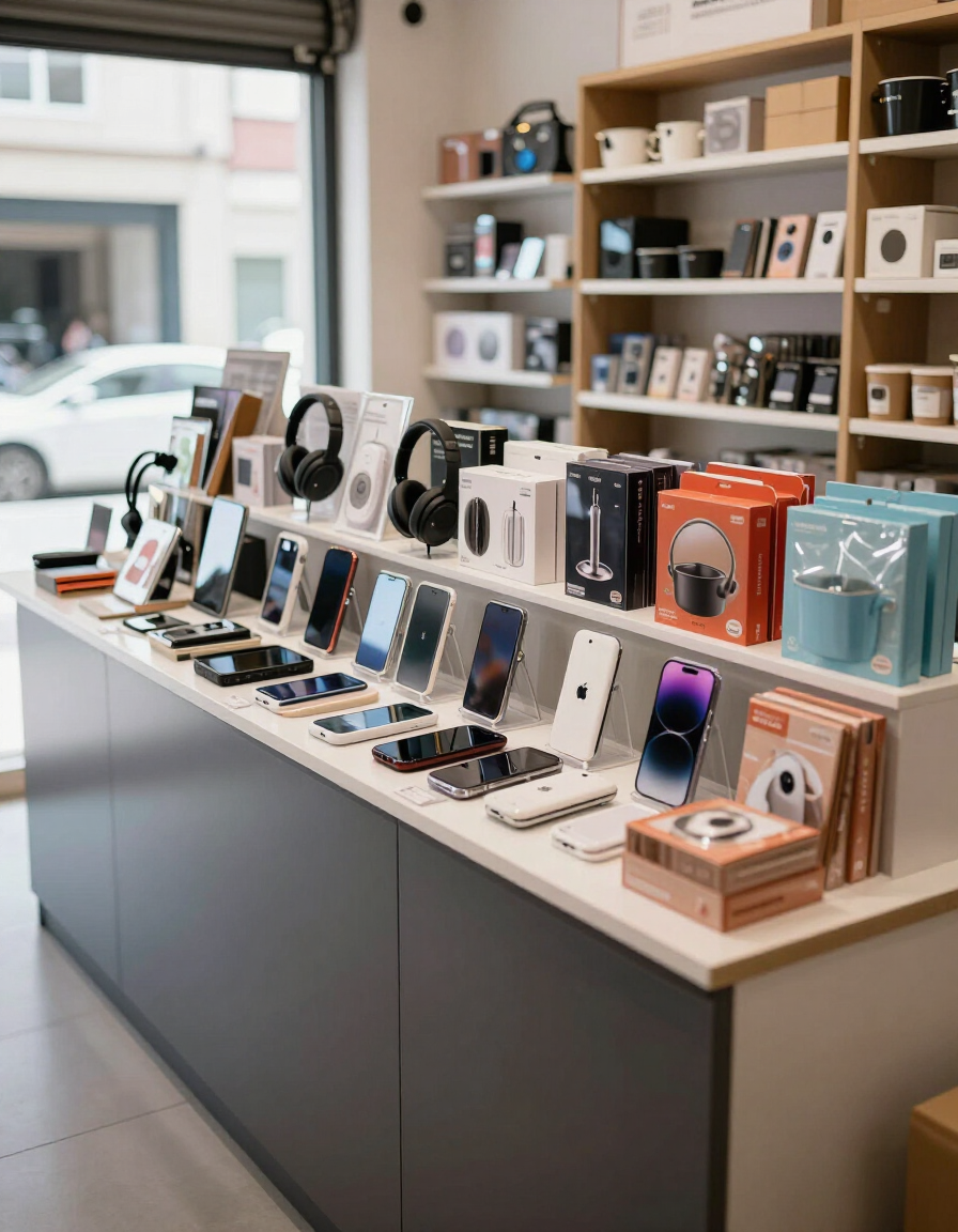 Mesa de exposición de electrónica con teléfonos inteligentes y accesorios en una tienda luminosa