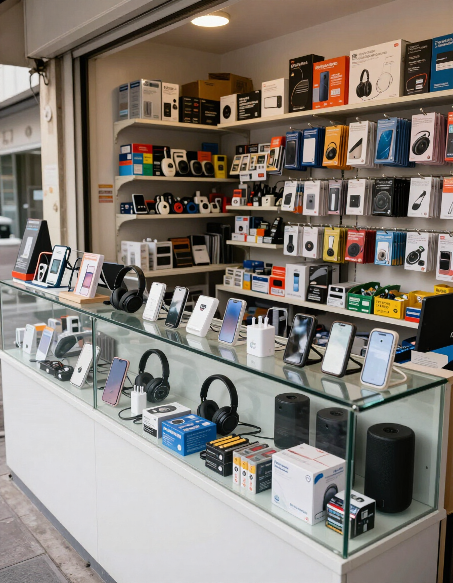 Expositor de accesorios electrónicos con auriculares, cargadores y fundas para teléfonos en estantes.
