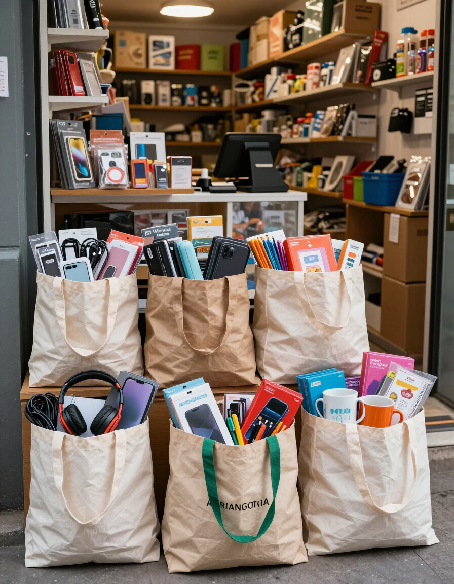 Bolsas de papel con materiales de arte expuestas en la entrada de una tienda y en estantes del interior.