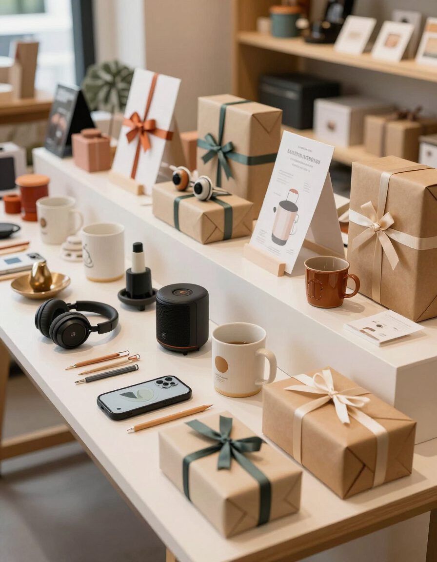 Exposición de regalos sobre una mesa blanca, con cajas envueltas, tazas, auriculares y pequeños accesorios.