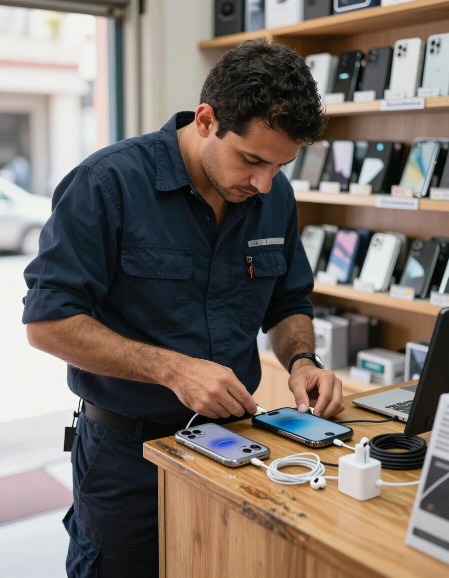 Hombre reparando un smartphone en un banco de trabajo de una tienda de electrónica