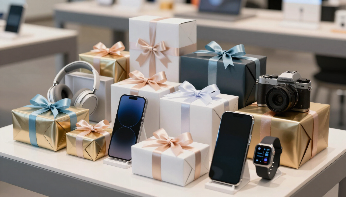 Varias cajas de regalo con aparatos electrónicos, como teléfonos, un reloj inteligente, auriculares y una cámara.