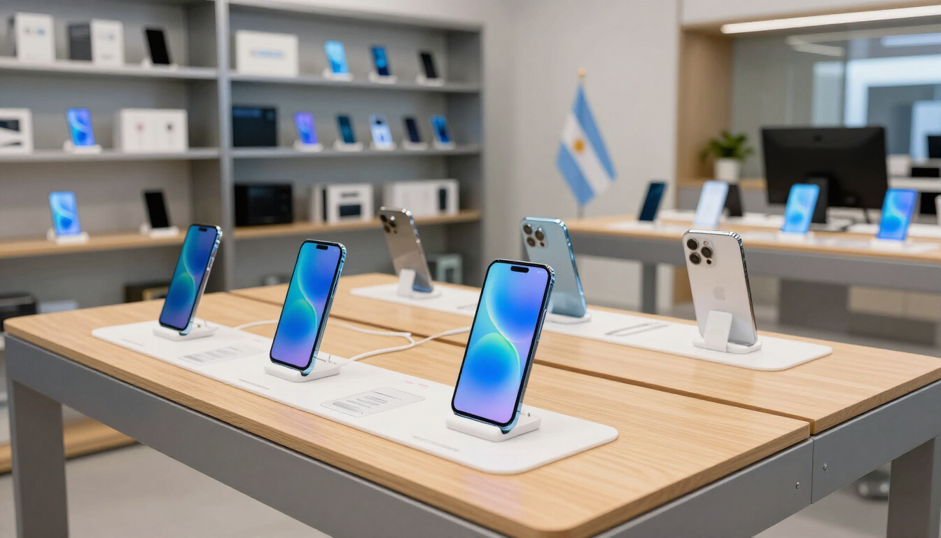 Mesa de exposición de smartphones en una tienda de electrónica moderna, con varios teléfonos sobre soportes blancos.