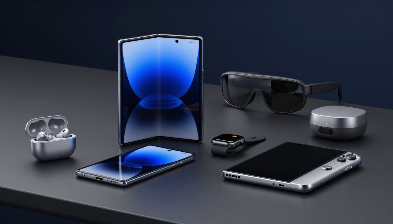 Teléfono plegable Samsung con pantalla azul, auriculares, reloj inteligente, gafas y accesorios sobre una superficie oscura