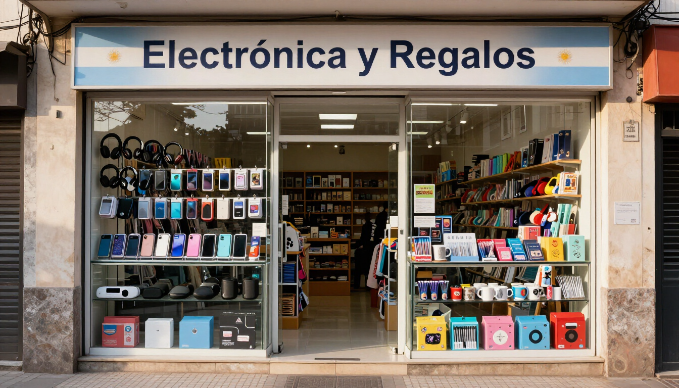 Escaparate con el rótulo «Electrónica y Regalos» y accesorios para móviles y artículos de regalo expuestos en los escaparates