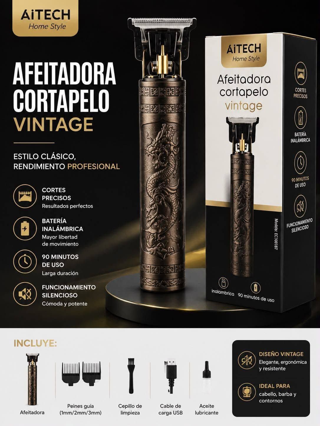 Cortapelo vintage negro y dorado con caja, accesorios y panel de funciones en español