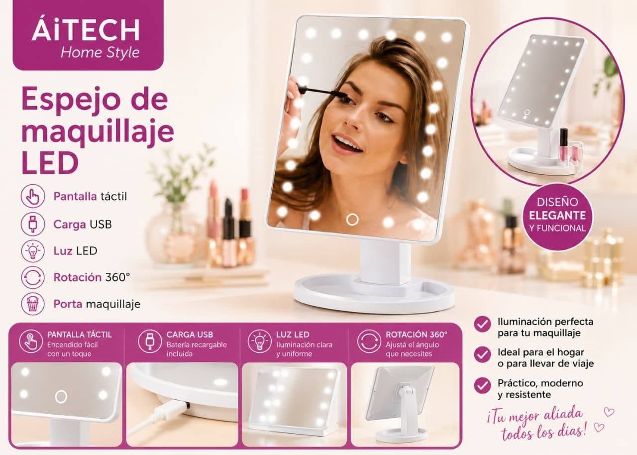 Espejo de maquillaje LED blanco con luces ajustables y base, sobre un fondo rosa de producto AITECH
